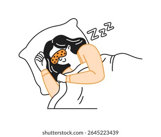 Cartoon illustration of a relaxed woman sleeping peacefully with an eye mask on. She is lying on a white pillow and appears peaceful. The scene is depicted with simple lines.