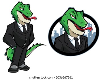 Cartoon illustration of reptilian man in a business suit.