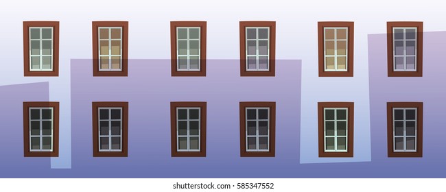 Cartoon illustration of the retro building facade with windows and ornaments.