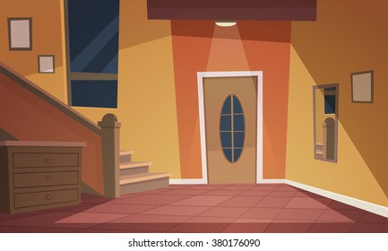 Cartoon illustration of retro style house hallway.