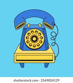 Cartoon illustration retro telephone with blue and yellow color hand drawn style vector design for retro-themed content or decorative graphics