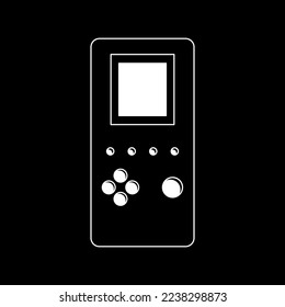 Cartoon illustration of a retro toy. A console, a computer game, a joystick. Black and white, silhouette on black background. Isolated on white background