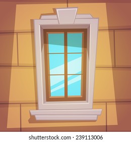 Cartoon illustration of the retro window with ledges and ornaments. 