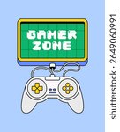 Cartoon illustration of a retro-style game controller connected to a screen with the text “gamer zone.” Perfect for gaming content, youth culture, or video game