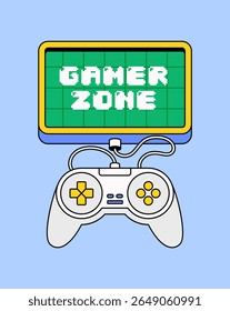 Cartoon illustration of a retro-style game controller connected to a screen with the text “gamer zone.” Perfect for gaming content, youth culture, or video game