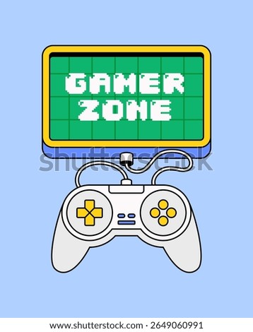 Cartoon illustration of a retro-style game controller connected to a screen with the text “gamer zone.” Perfect for gaming content, youth culture, or video game