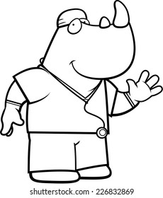 A cartoon illustration of an rhino doctor in scrubs.