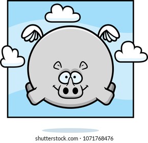 A cartoon illustration of a rhino flying in the sky.