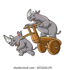 cartoon illustration rhino playing cart