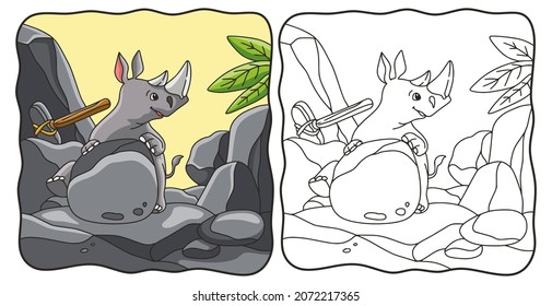 cartoon illustration rhino sitting on a rock book or page for kids