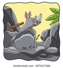 cartoon illustration rhino sitting on a rock