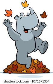 A cartoon illustration of a rhinoceros jumping in autumn leaves.