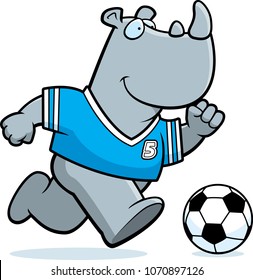 A cartoon illustration of a rhinoceros playing soccer.