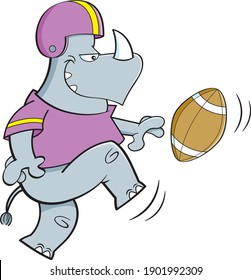 Cartoon illustration of a rhinoceros wearing a football uniform kicking a football.