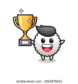 Cartoon Illustration of rice ball is happy holding up the golden trophy , cute style design for t shirt, sticker, logo element