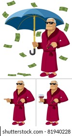 Cartoon Illustration Of Rich Man In 3 Different Poses/situations. 