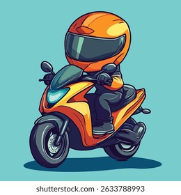 A cartoon illustration of a rider wearing a large orange helmet, riding a bright orange scooter. The rider is wearing black clothing.