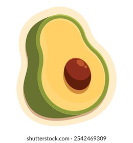 Cartoon illustration of a ripe avocado cut in half with the seed still inside