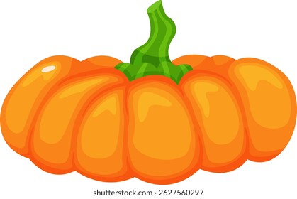 Cartoon illustration of a ripe orange pumpkin with green stem lying on white background representing autumn harvest, Halloween or Thanksgiving