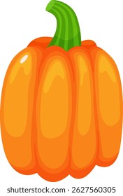 Cartoon illustration of a ripe orange pumpkin with a green stem standing upright against a white background, perfect for autumnal themes and harvest festivals