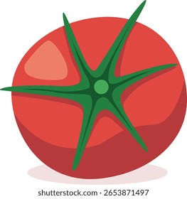 Ilustração em desenho animado de um tomate vermelho maduro com um tronco verde-folhoso, visto de cima.