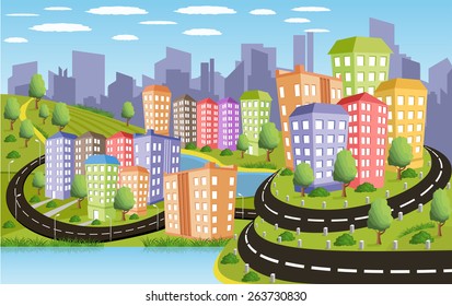 Cartoon Illustration Road City Stock Vector (Royalty Free) 263730830 ...