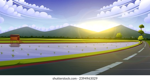 Cartoon illustration of a road going through a rice field at morning. Asian rice field terraces at morning mountains landscape. 
