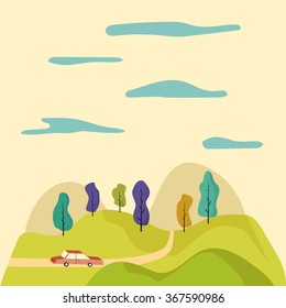Cartoon illustration. Road trip through the fields. Fun ride