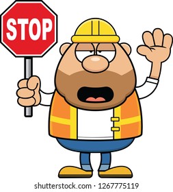 Cartoon illustration of a road worker holding a stop sign. 