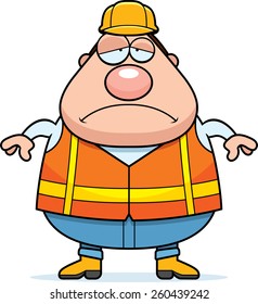 A cartoon illustration of a road worker looking sad.