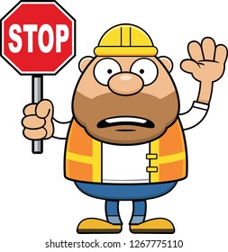Cartoon illustration of a road worker with a worried expression. 