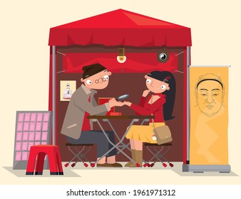 Cartoon illustration of a roadside Chinese fortune teller in Hong Kong