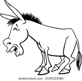 Cartoon illustration of roaring donkey farm animal character coloring page