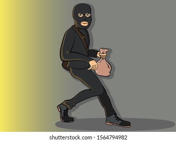 Cartoon illustration of robber, sneaking with stolen bag of money at night.