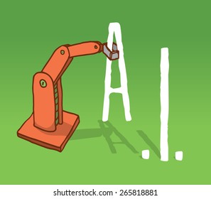 Cartoon illustration of robot arm setting artificial intelligence acronym