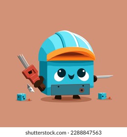 Cartoon illustration of a robot with a blue helmet and a blue helmet holding a screwdriver