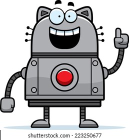 A cartoon illustration of a robot cat with an idea.