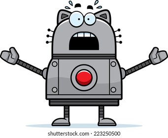 A cartoon illustration of a robot cat looking scared.