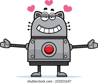 A cartoon illustration of a robot cat ready to give a hug.