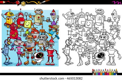 Cartoon Illustration of Robot Characters Coloring Book Activity