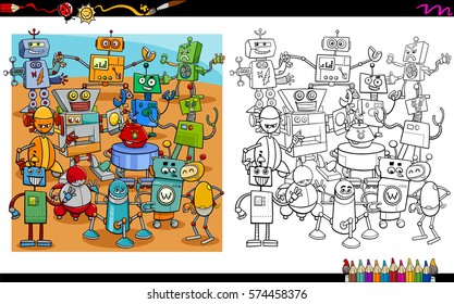Cartoon Illustration of Robot Characters Group Coloring Book Activity