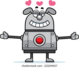 A cartoon illustration of a robot dog ready to give a hug.