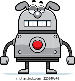 A cartoon illustration of a robot dog with an unemotional expression.