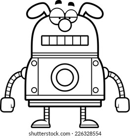 A cartoon illustration of a robot dog with an unemotional expression.