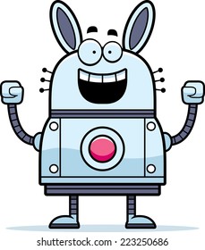 A cartoon illustration of a robot rabbit celebrating success.