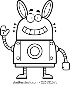 A cartoon illustration of a robot rabbit smiling and waving.