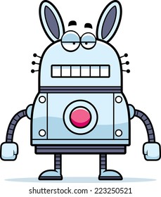 A cartoon illustration of a robot rabbit with an unemotional expression.