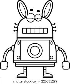 A cartoon illustration of a robot rabbit with an unemotional expression.