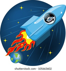 cartoon illustration of a robot in a rocket