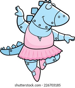 A cartoon illustration of a robot stegosaurus dinosaur ballerina dancing.